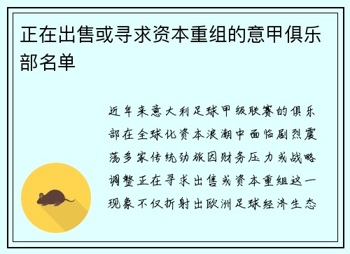 正在出售或寻求资本重组的意甲俱乐部名单
